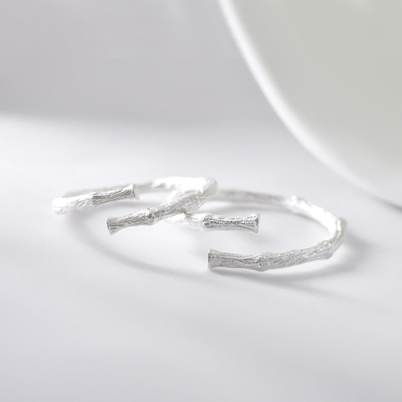 Bamboo Branch Texture Silver Couple Ring for Women
