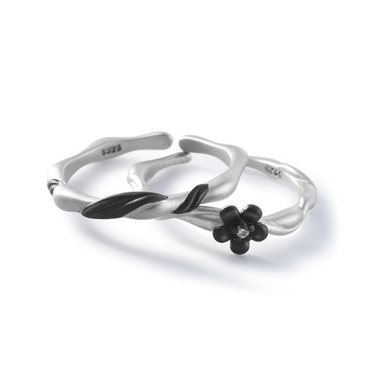 Black Plum Blossom and Leaf Design Sandblasted Wave Shape Silver Couple Ring for Women