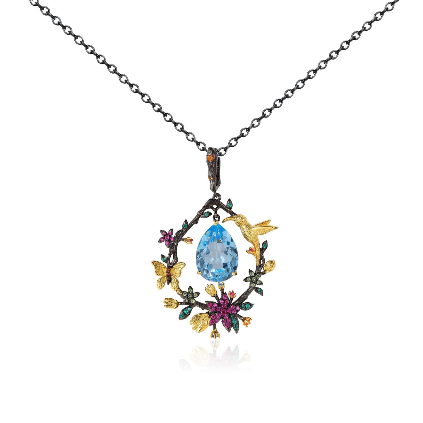 Natural Colorful Gemstone Spring on The Branch with Bird Pendant Silver Necklace for Women