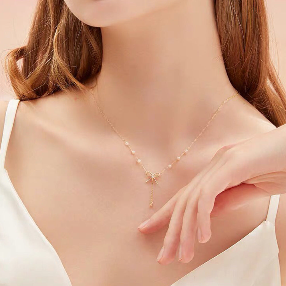 (Two Colours) White Zircon Bowknot with Beading Natural Pearl Pendants 925 Silver Collarbone Necklace for Women