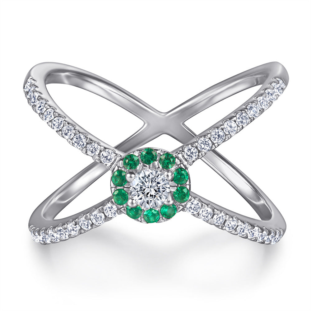 Green Zircon X-shape Exaggerated Silver Ring for Women