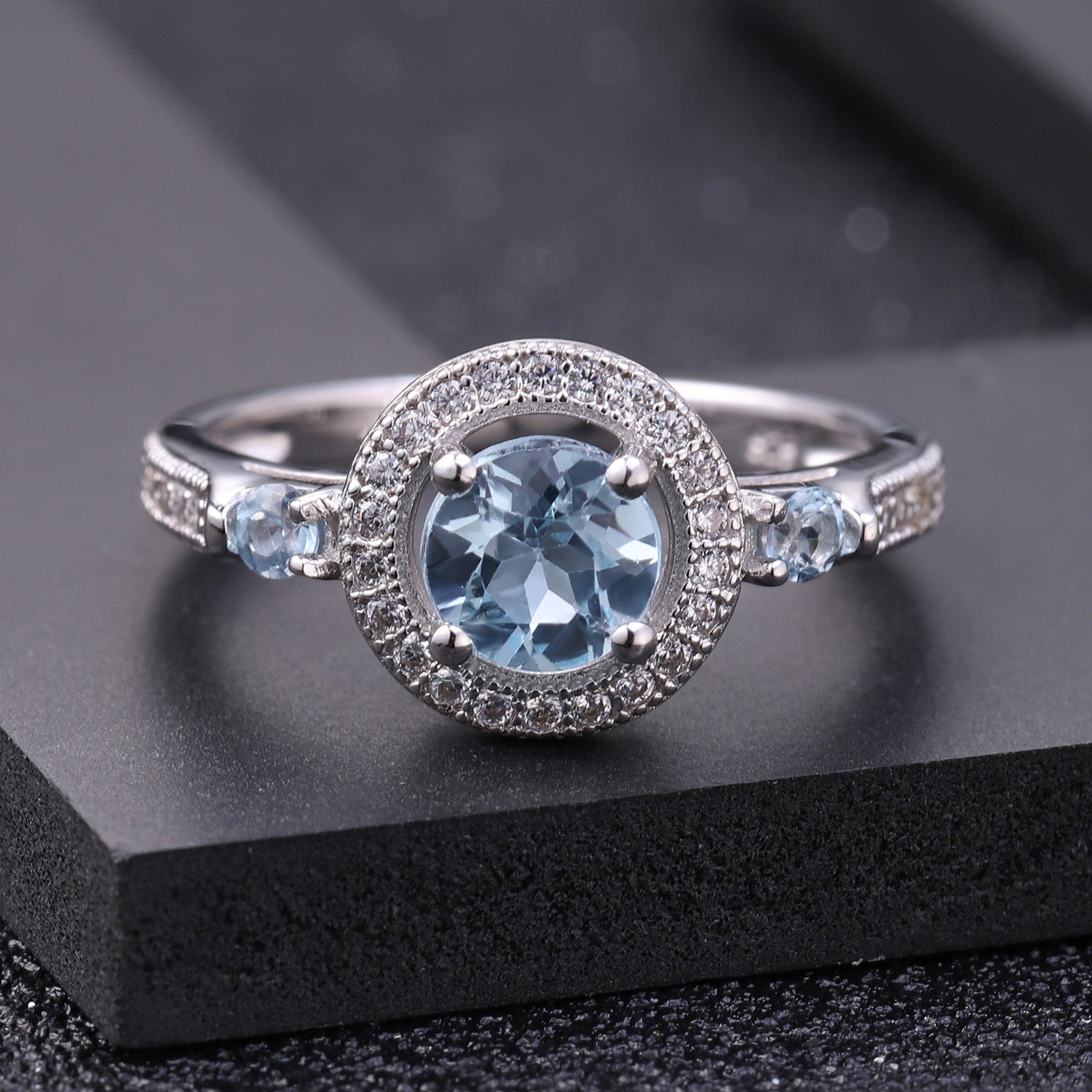 Court Style Natural Topaz Round Cut Luxury Soleste Halo Silver Ring for Women