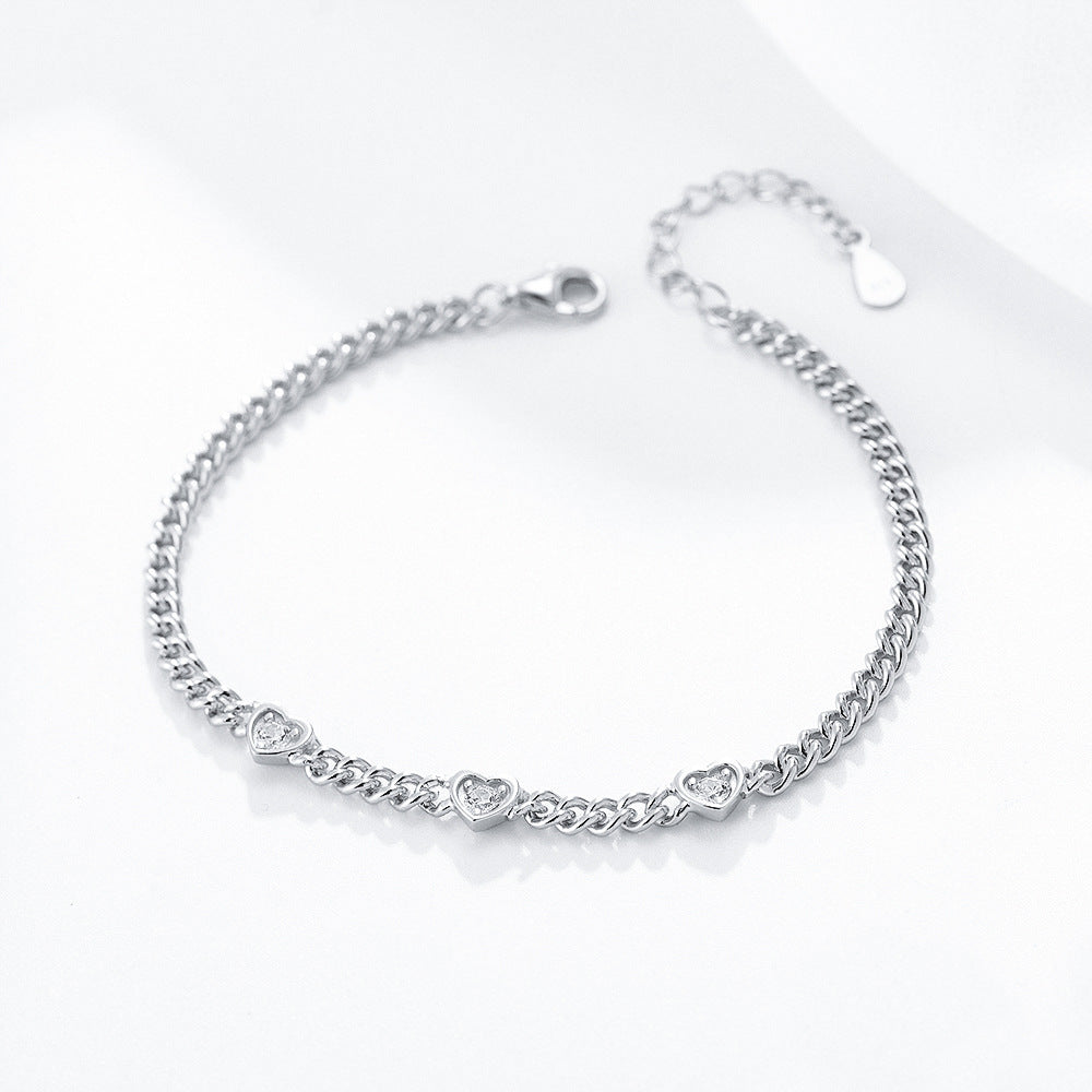Three Heart-shaped Zircon Silver Bracelet for Women