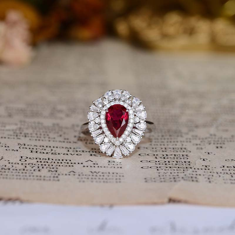 Lab-Created Ruby 6*9mm Water Droplet Soleste Halo Silver Ring for Women