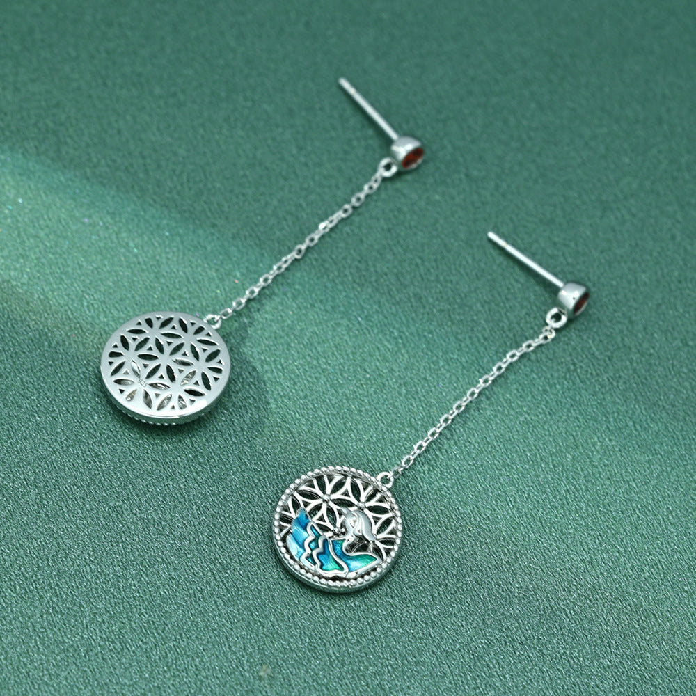 Enamel Hollow Flower Circle with Red Zircon Silver Drop Earrings