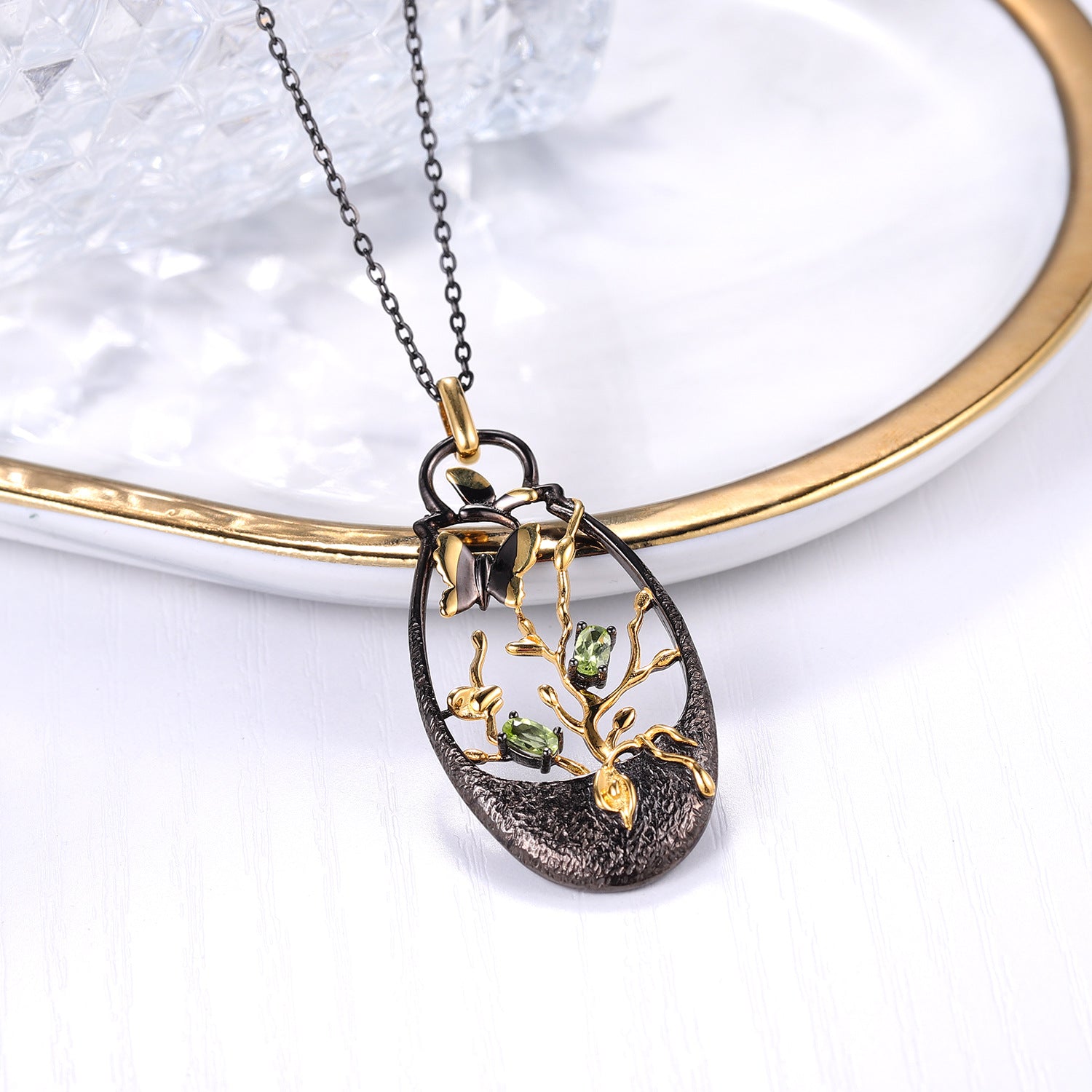 Natural Olivine Butterfly In Garden Pendant Silver Necklace for Women