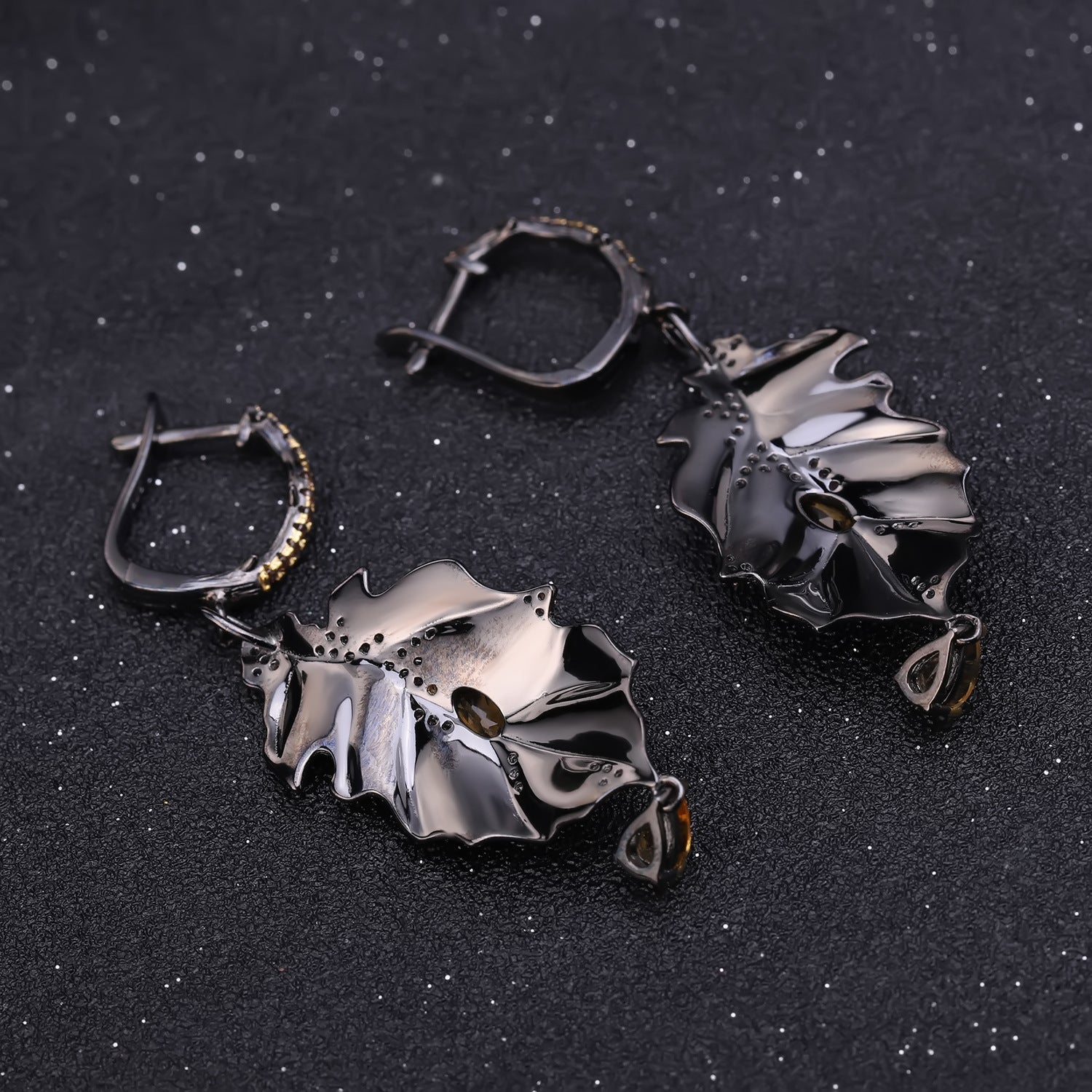 Italian Design Inlaid Natural Crystal Leaf Shape Silver Drop Earrings for Women