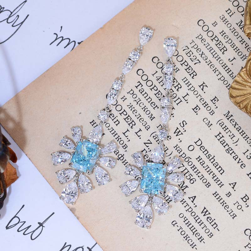 Blue Zircon 7*9mm Rectangle Ice Cut with Chain Annular Petals Silver Drop Earrings for Women