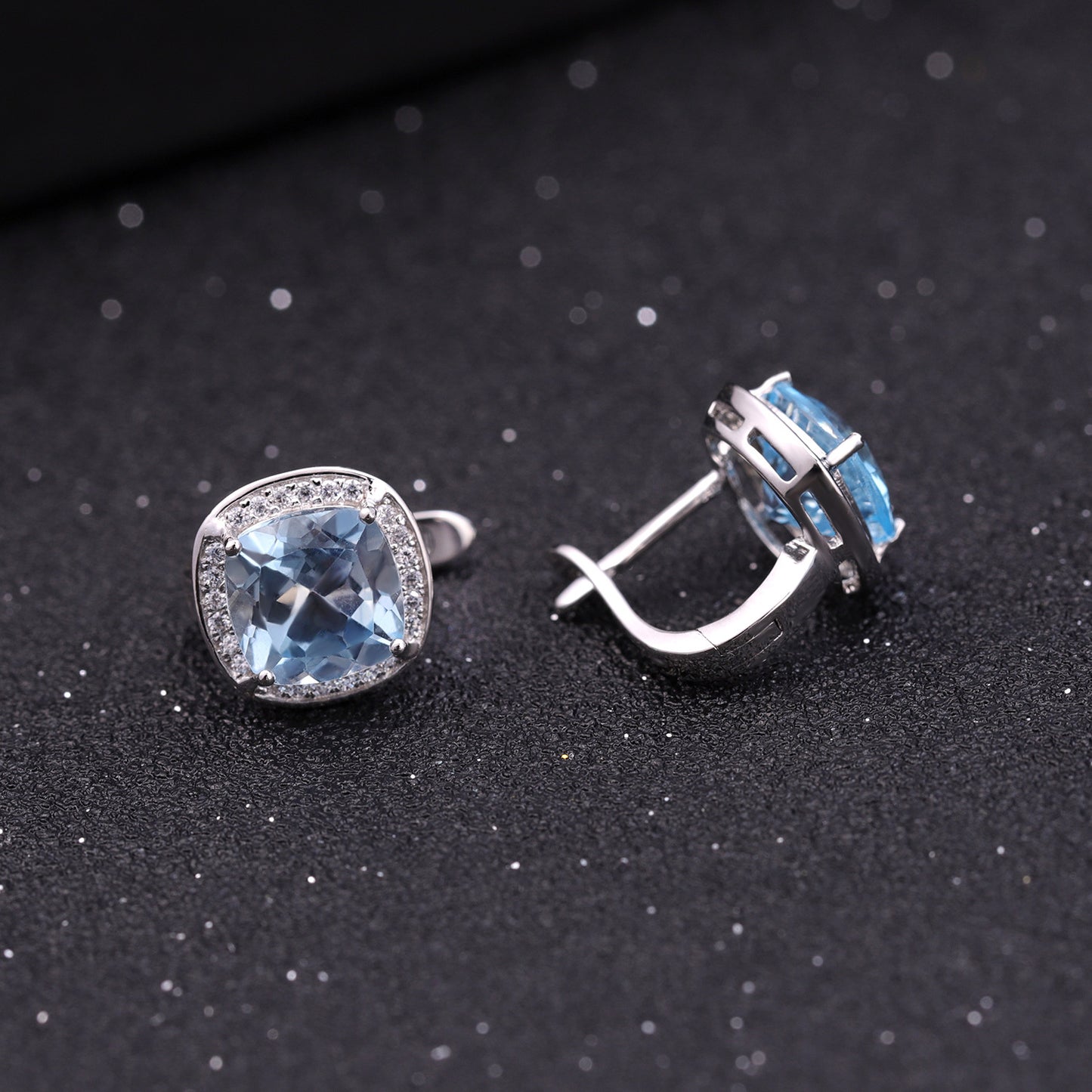 Natural Topaz Soleste Halo Square Sterling Silver Studs for Women
