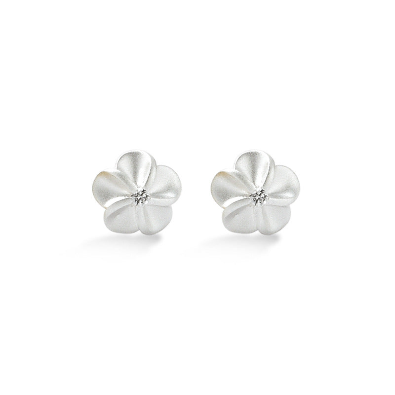 Frosted Plum Blossom with Zircon Silver Stud Earrings for Women