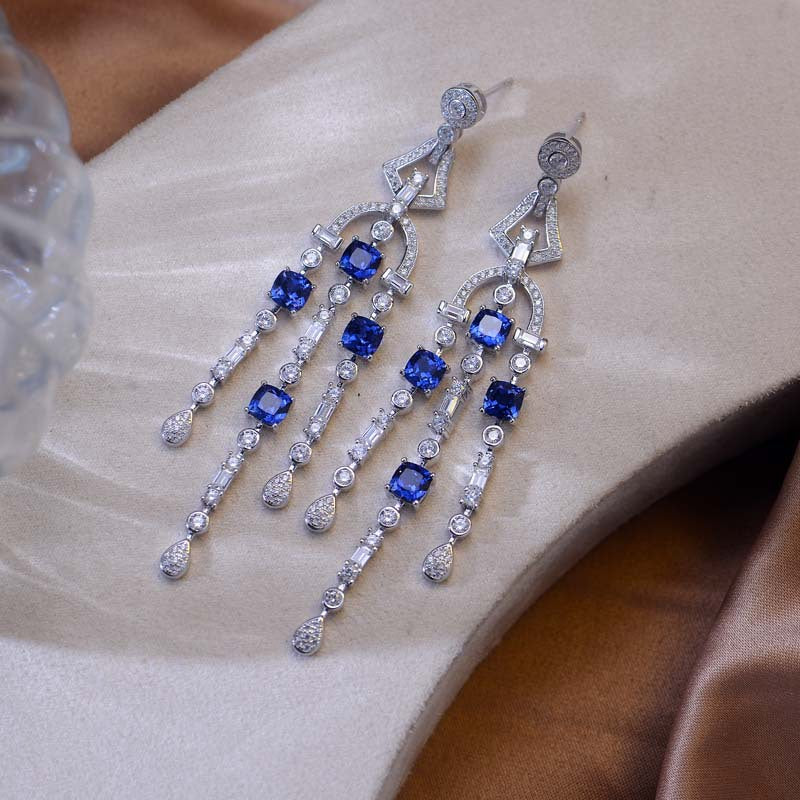 Lab-Created Sapphires Tassels Silver Drop Earrings for Women