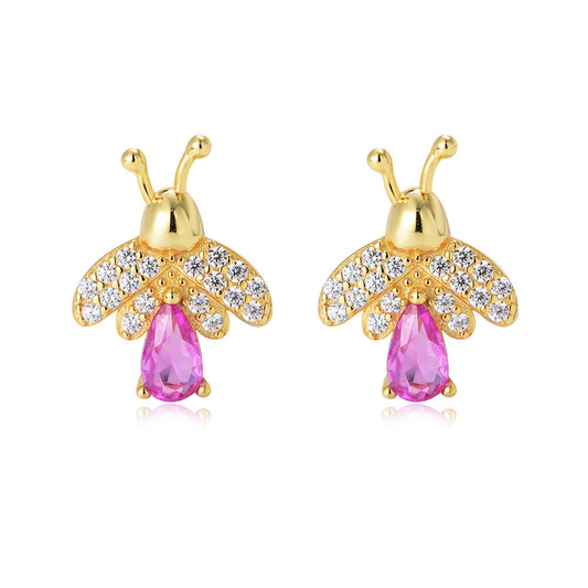 Pink Zircon Bee Silver Studs Earrings for Women
