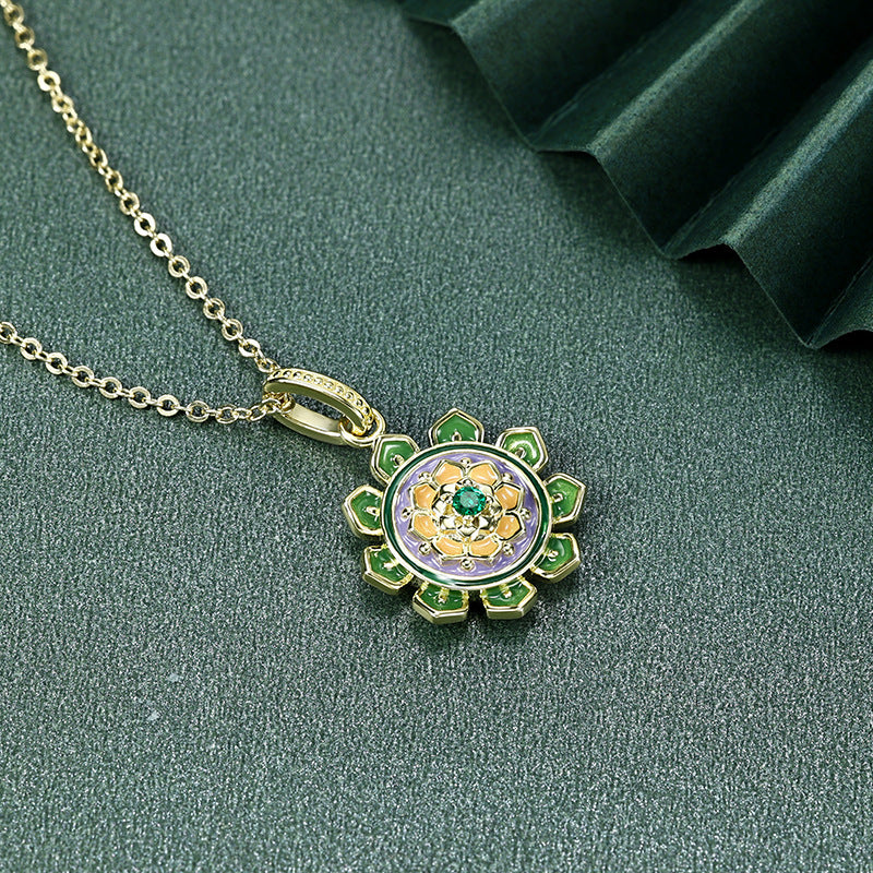 Lotus Pattern Series Green Zircon Enamel Pendant Silver Necklace for Women