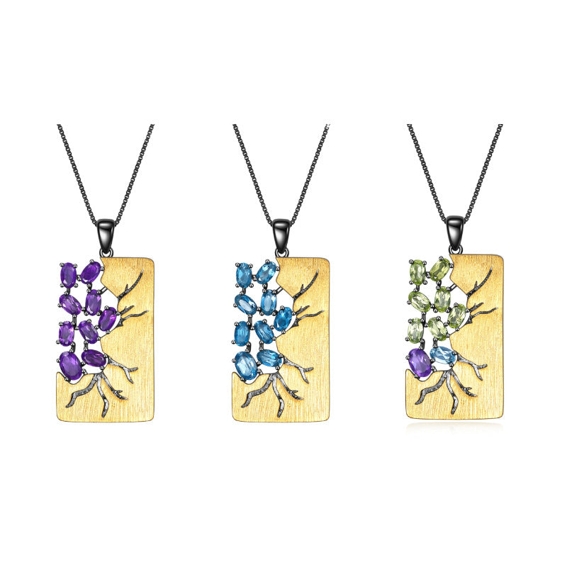 Italian Retro Jewelry Design Inlaid Natural Colourful Gemstone Branch Rectangle Pendant Silver Necklace for Women