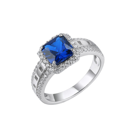 7*7mm Square Blue Crystal Soleste Halo Silver Ring for Women