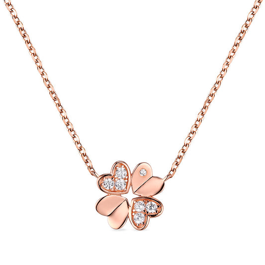Four Heart-shape Leaves Clover with Zircon Silver Necklace for Women
