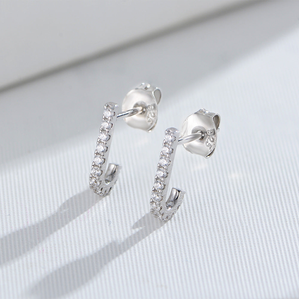 Zircon J-shape Silver Studs Earrings for Women