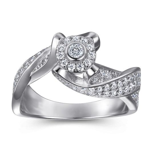 Round Zircon with Interwoven Line Cathedral Silver Ring