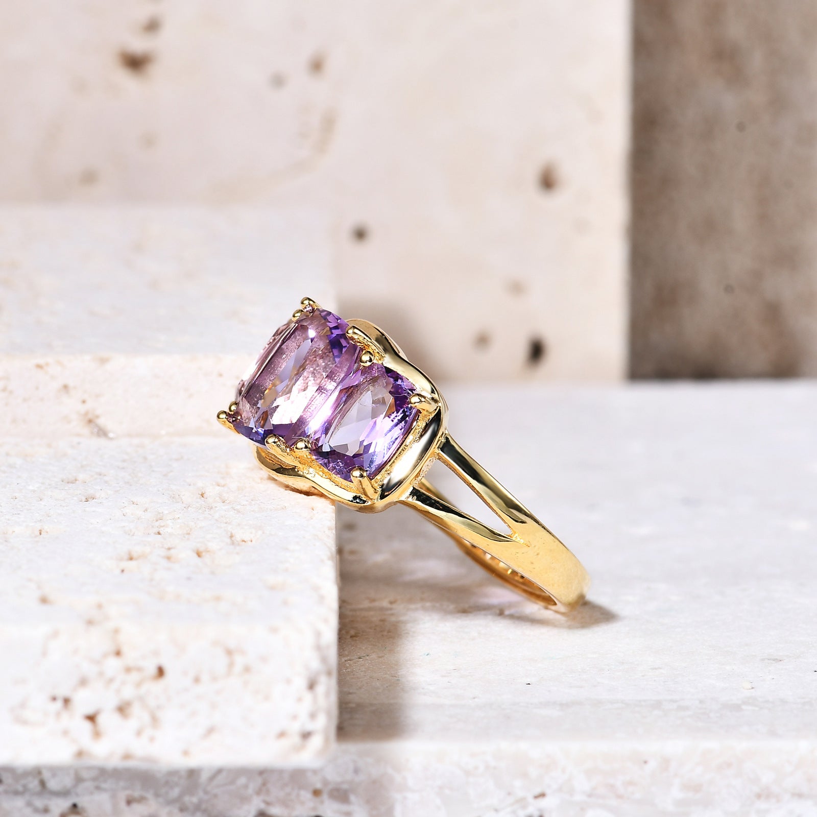 Adjustable Opening Design Inlaid Natural Amethyst Rectangle Three Stones Plated 14k Gold Silver Ring for Women