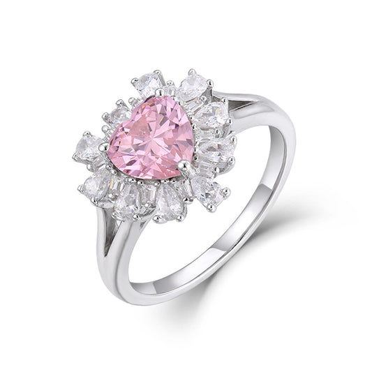 Heart-shape Pink Zircon Petal Soleste Halo Silver Ring for Women