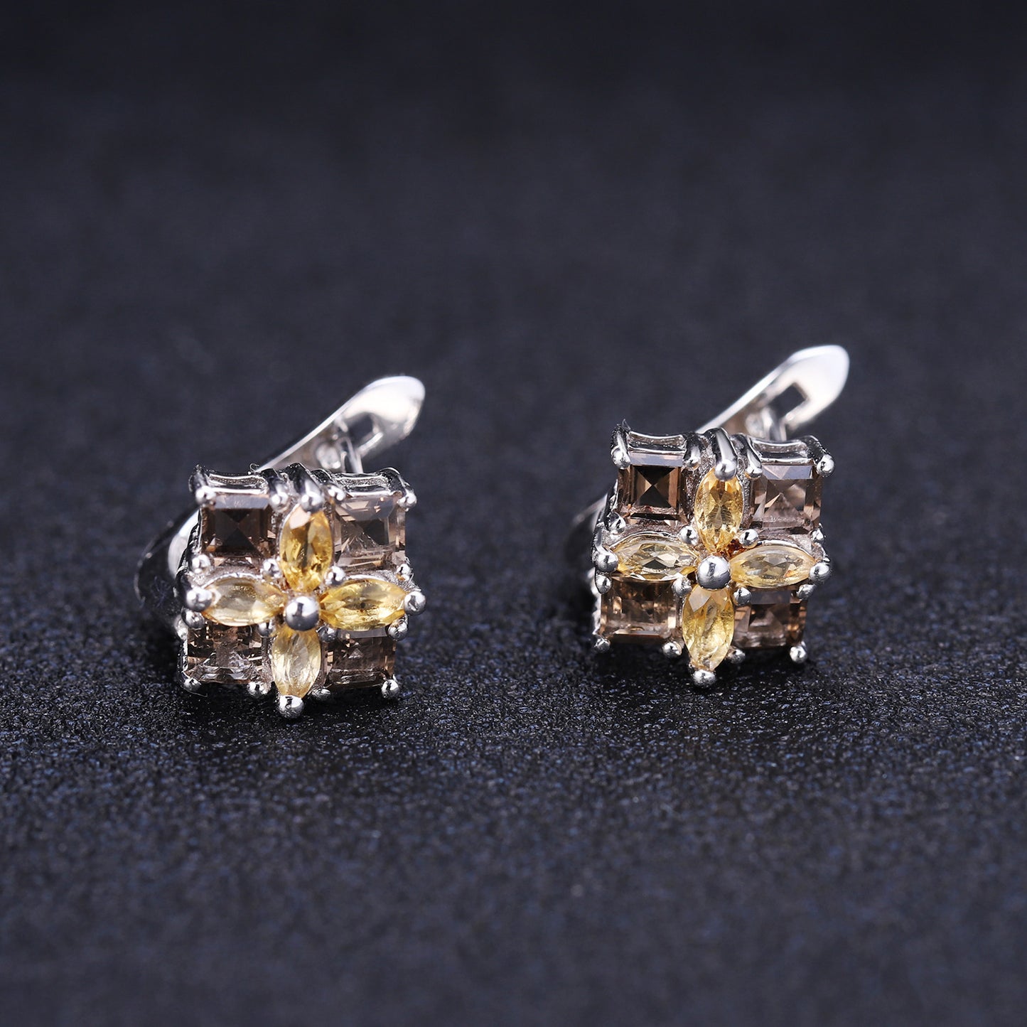 European Inlaid Natural Crystal Square with Clover Silver Studs Earrings for Women