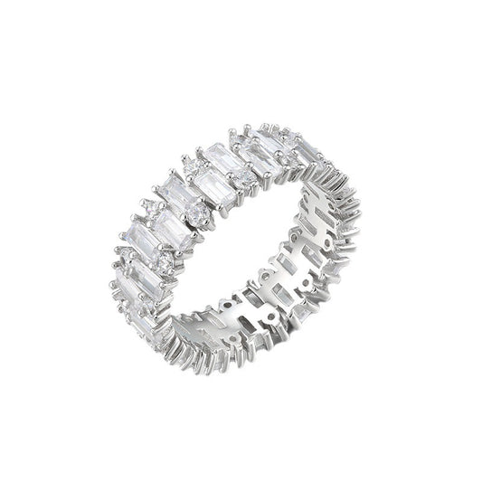 Baguette Cut Zircon Beaded Silver Ring for Women
