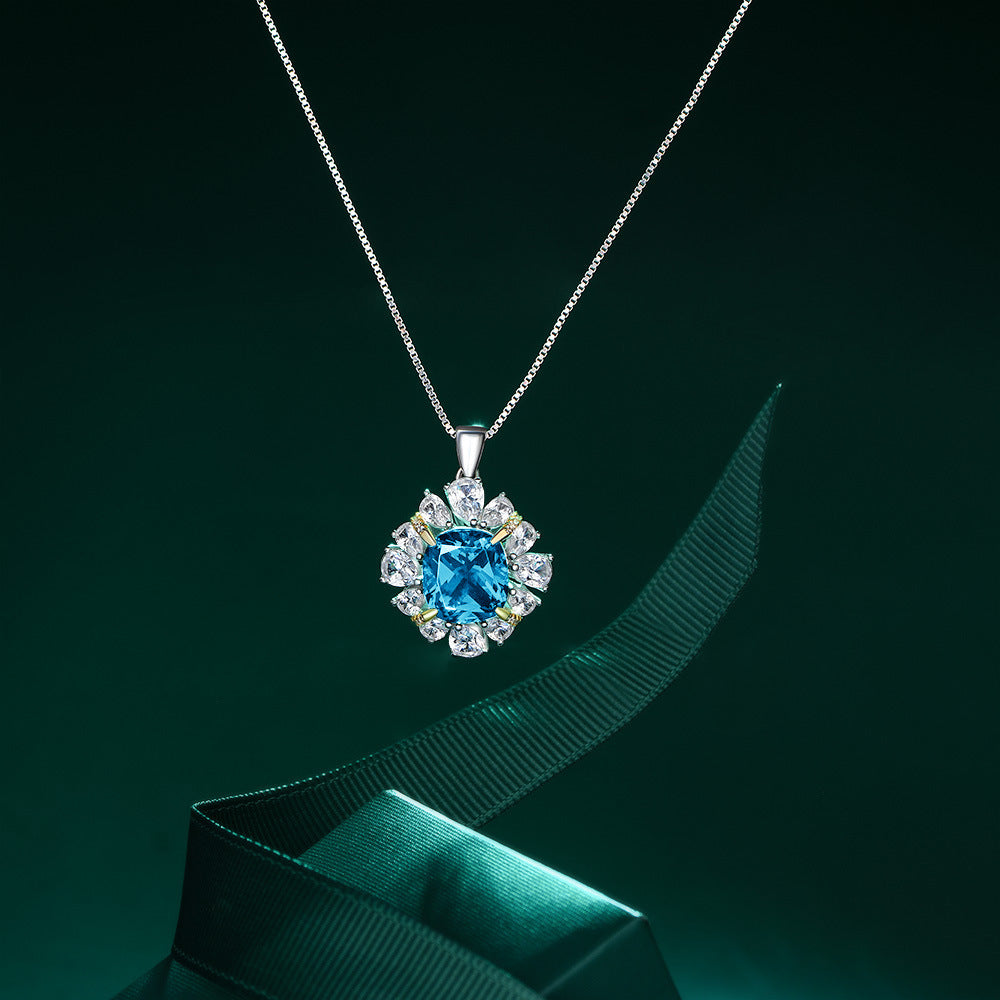 Blue Zircon 8*8mm Cushion Ice Cut Luxurious Silver Necklace for Women
