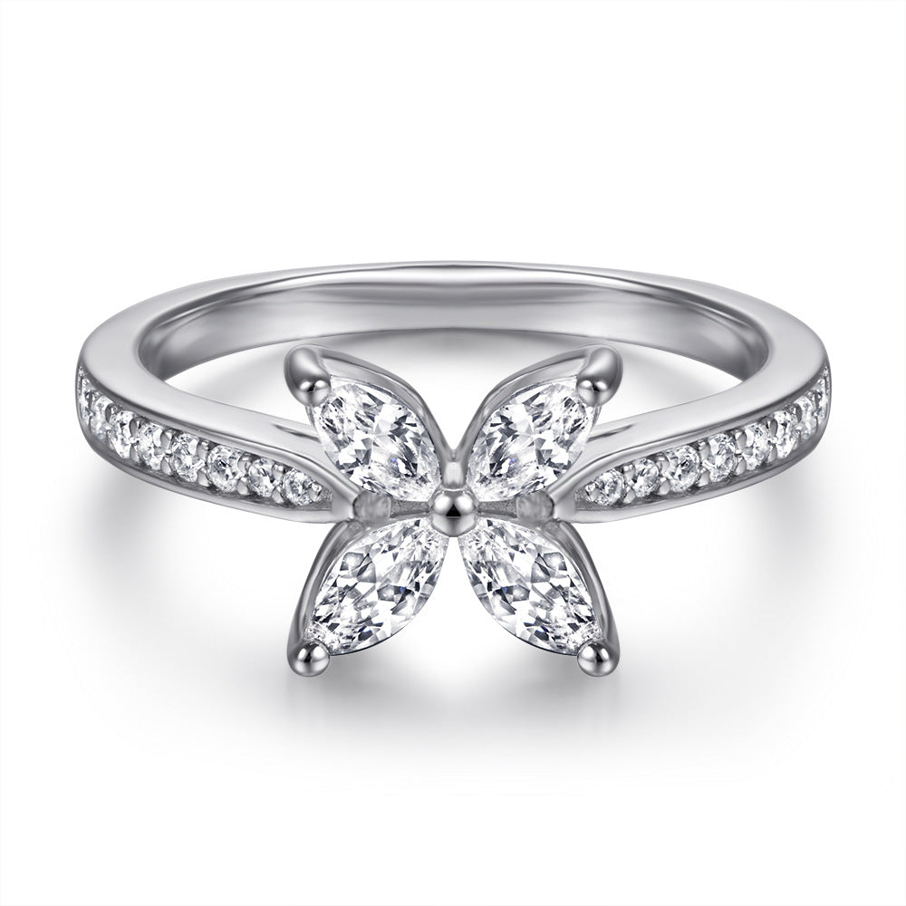 Four Prongs Marquise Zircon Four Leaf Grass Silver Ring for Women