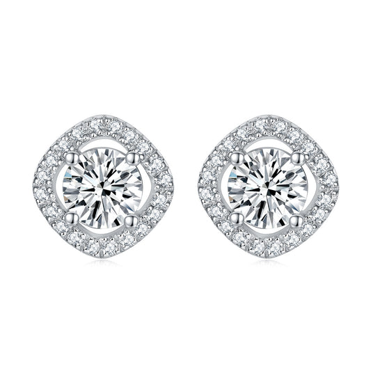 Round Zircon Square Soleste Halo Silver Studs Earrings for Women