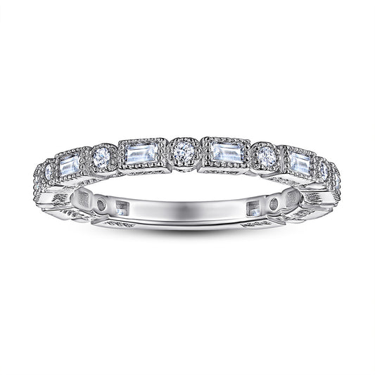 Half Row Rectangle and Round Zircon Silver Ring for Women