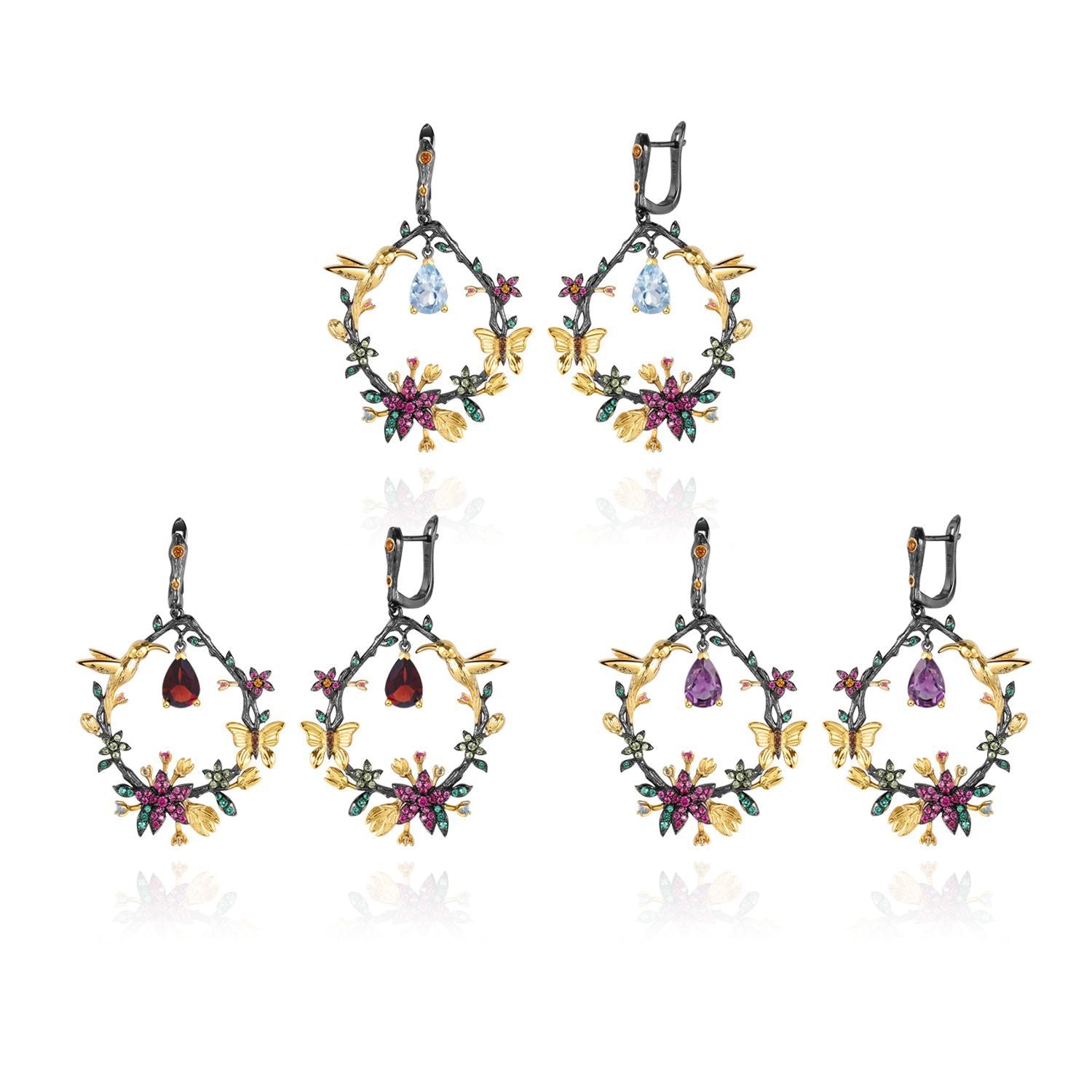 Colourful Gemstone Bird and Flower Design Silver Drop Earrings for Women