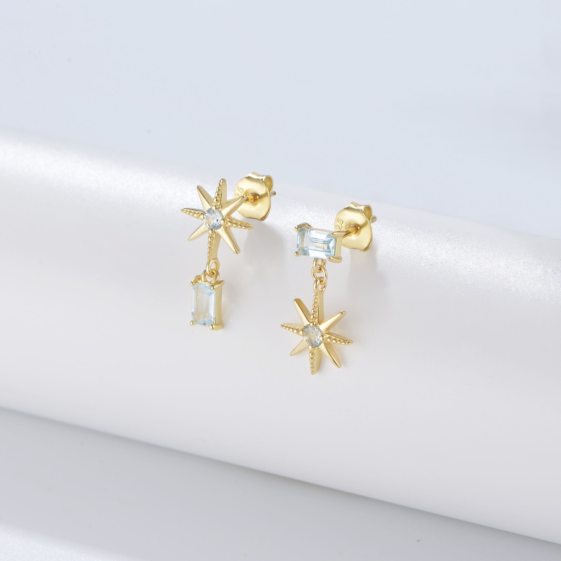 Asymmetric Six-pointed Star with Sky Blue Zircon Silver Drop Earrings for Women