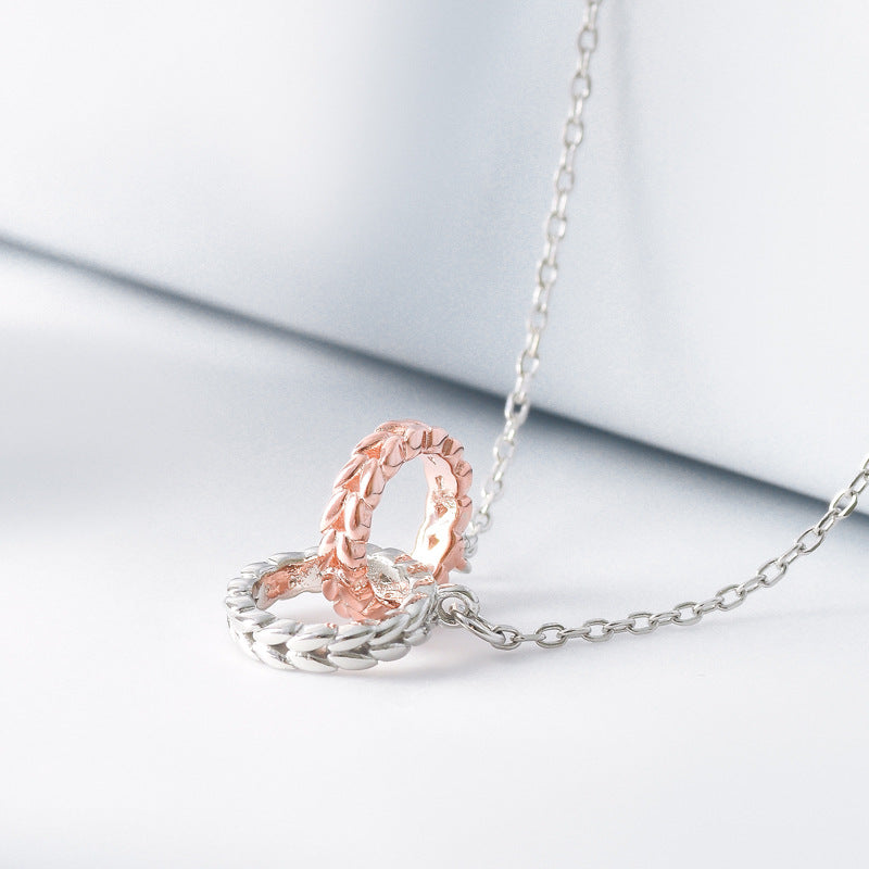Double Bicolor Wheat Leaf Circle Clasp Silver Necklace for Women
