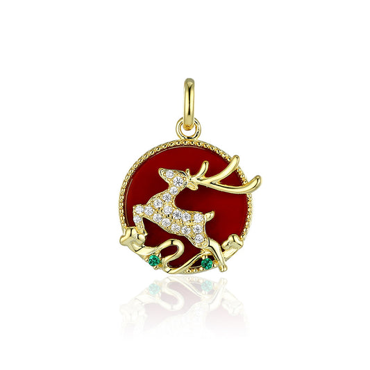 (Pendant Only) Circle Red Agate with Zircon Deer Silver Pendant for Women