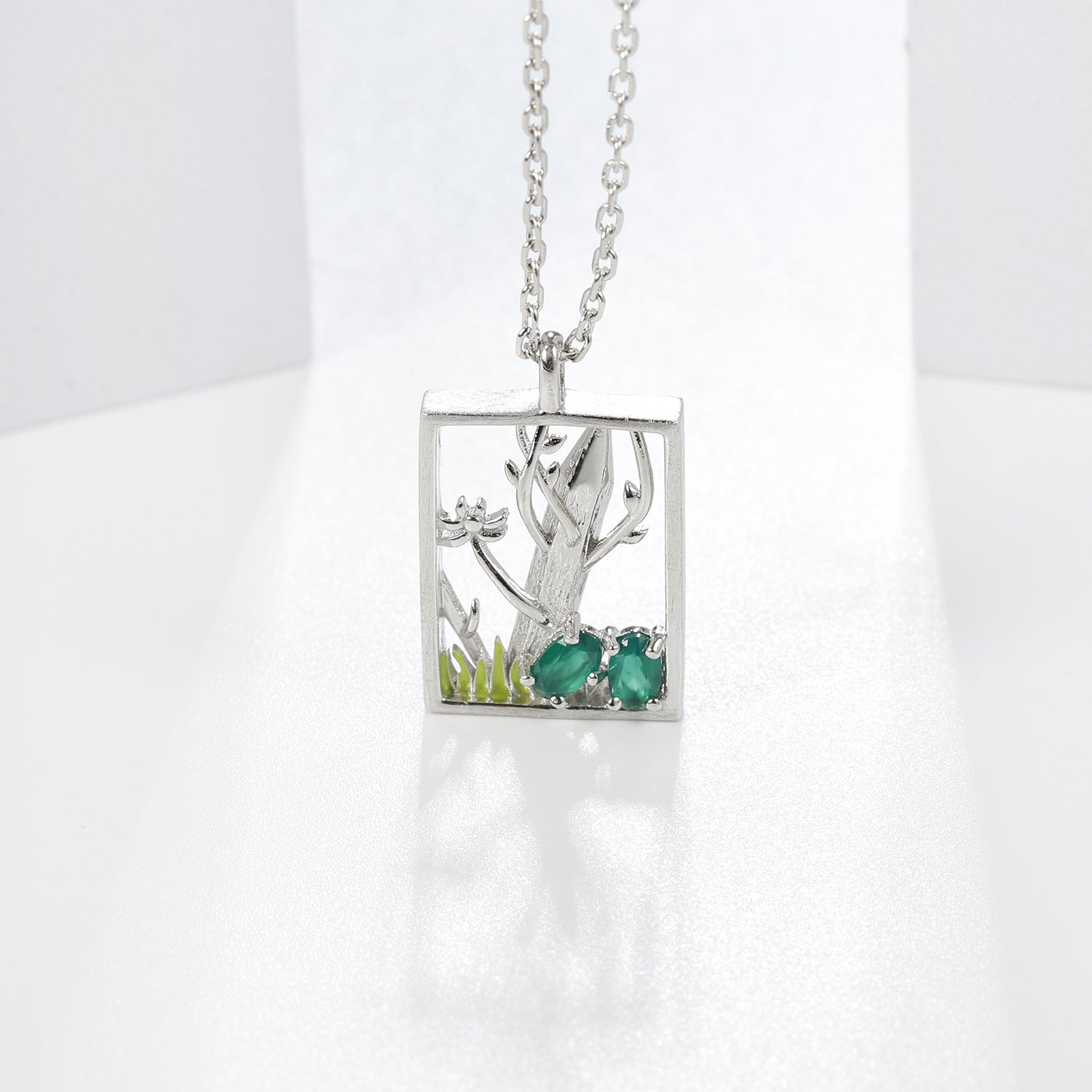 Natural Style Colourful Gemstone Rectangle with Forest  Pendant  Silver  Necklace for Women