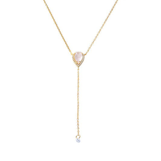 Pink Crystal Teardrop Tassel Sterling Silver Collarbone Necklace Women