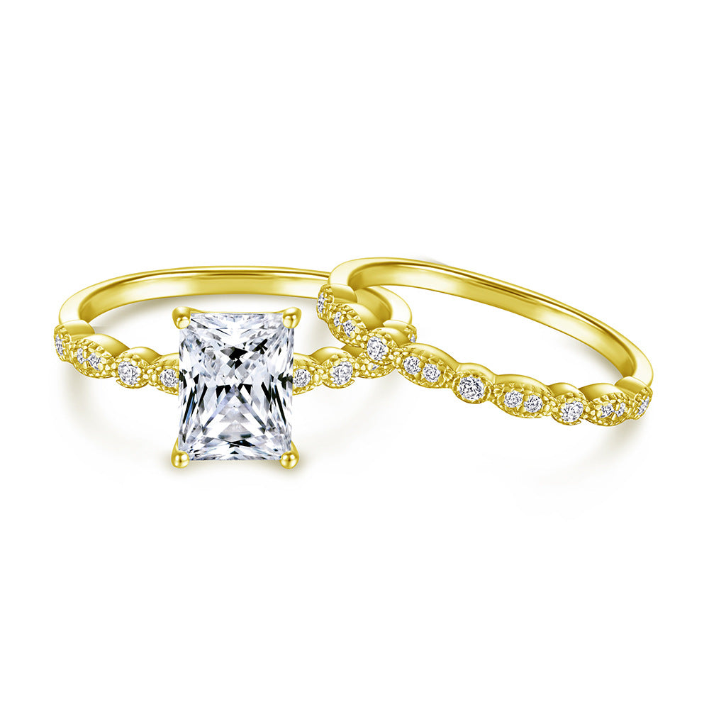 Radiant Cut Zircon with Beading Silver Ring Set