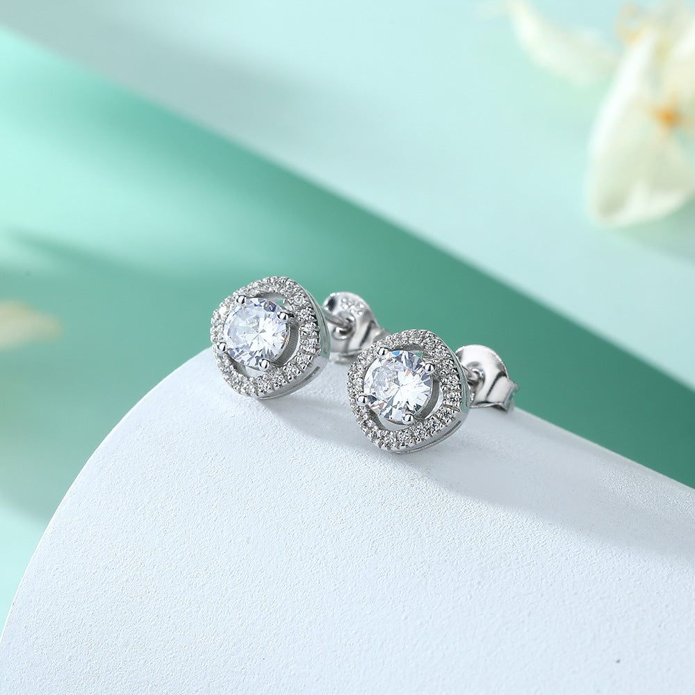 Round Zircon Square Soleste Halo Silver Studs Earrings for Women