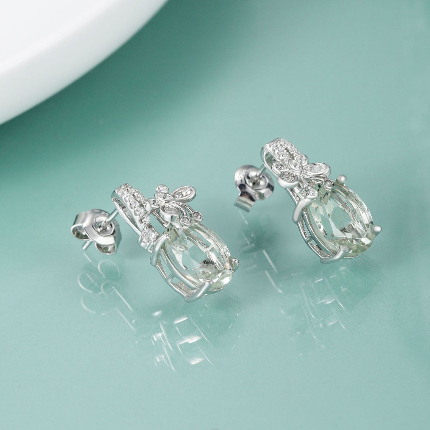 Natural Cyan Crystal Oval Shape with Butterfly Silver Studs for Women