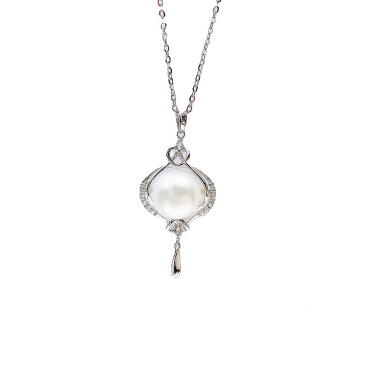 Round Natural Pearl Lantern Shape Pendant Silver Necklace for Women
