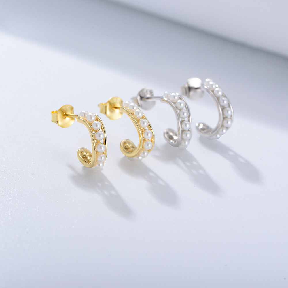 C-shaped Beading Pearl Silver Studs Earrings for Women