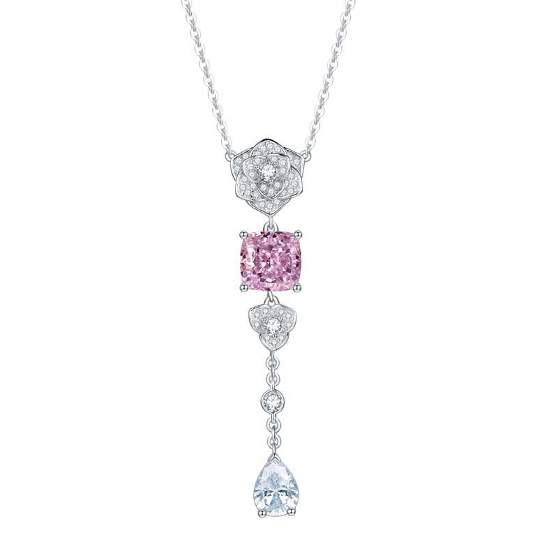 Pink Zircon 8*8mm Cushion Ice Cut Camellia Silver Water Drop Pendants Necklace for Women