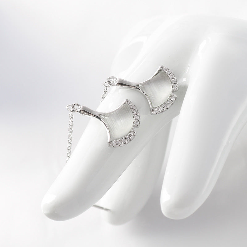 Tassel Opal Stone Ginkgo Leaf Silver Drop Earrings for Women