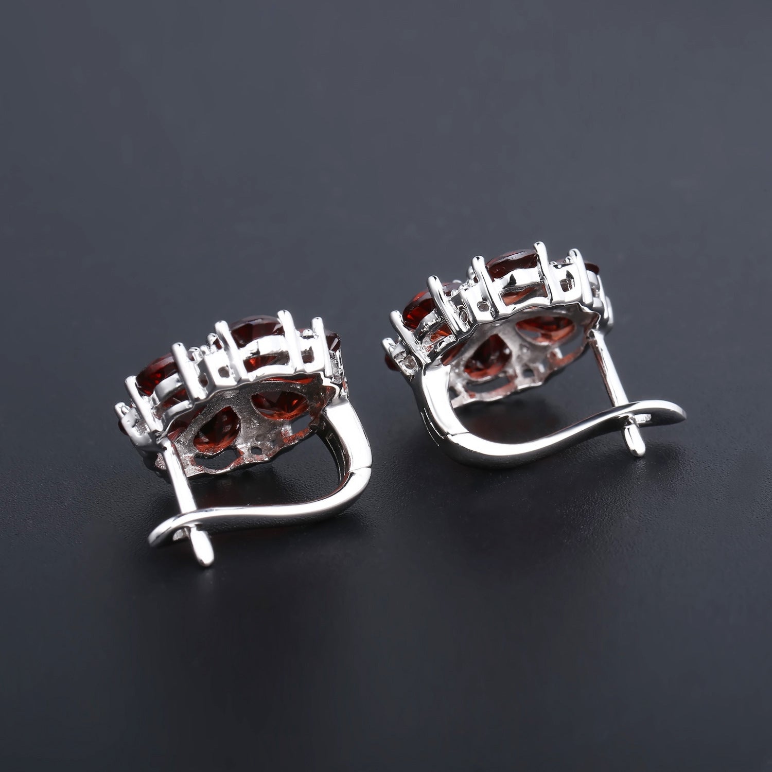 Natural Garnet Flower Design Silver Studs Earrings for Women