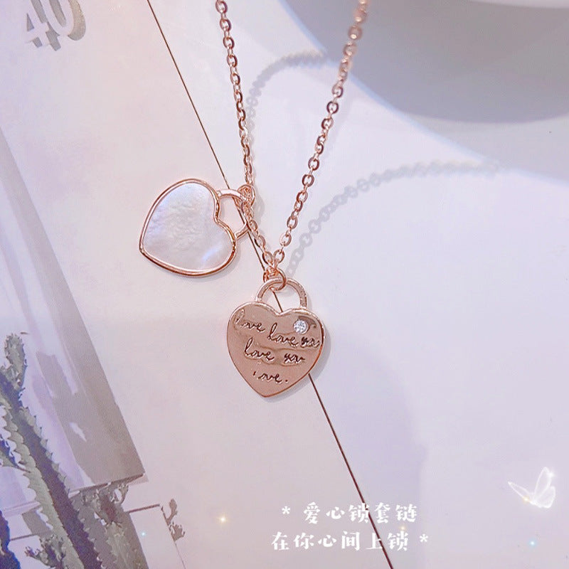 Double Heart with Mother-of-pearl and Letter Pattern Pendant Silver Necklace for Women