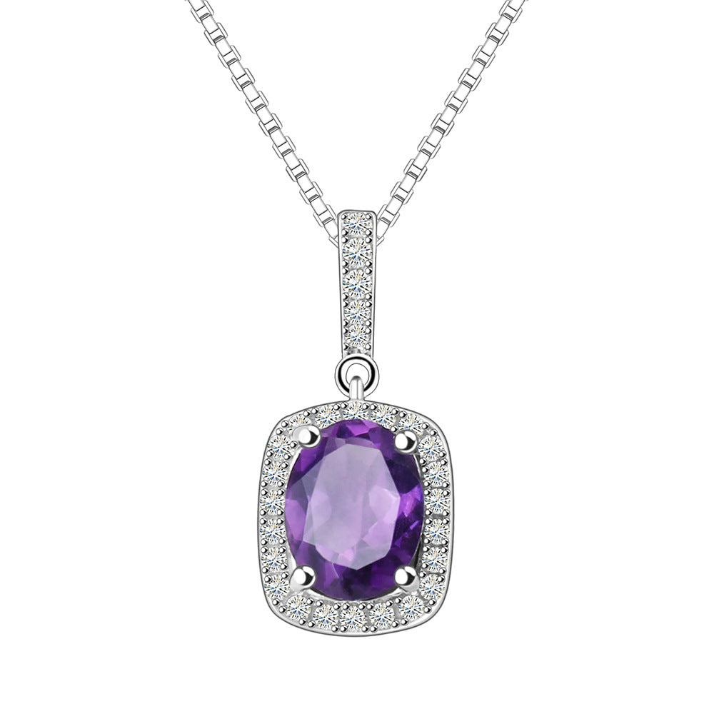 Europen Natural Amethyst Soleste Halo Pendant  Sterling Silver Necklace for Women