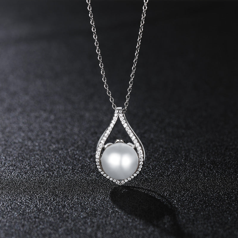 Zircon Water Drop with Pearl Pendant Silver Necklace for Women