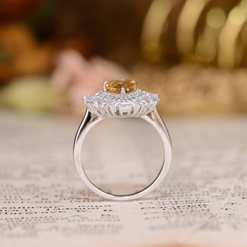 Natural Yellow Crystal 6*9mm Water Droplet Soleste Halo Silver Ring for Women