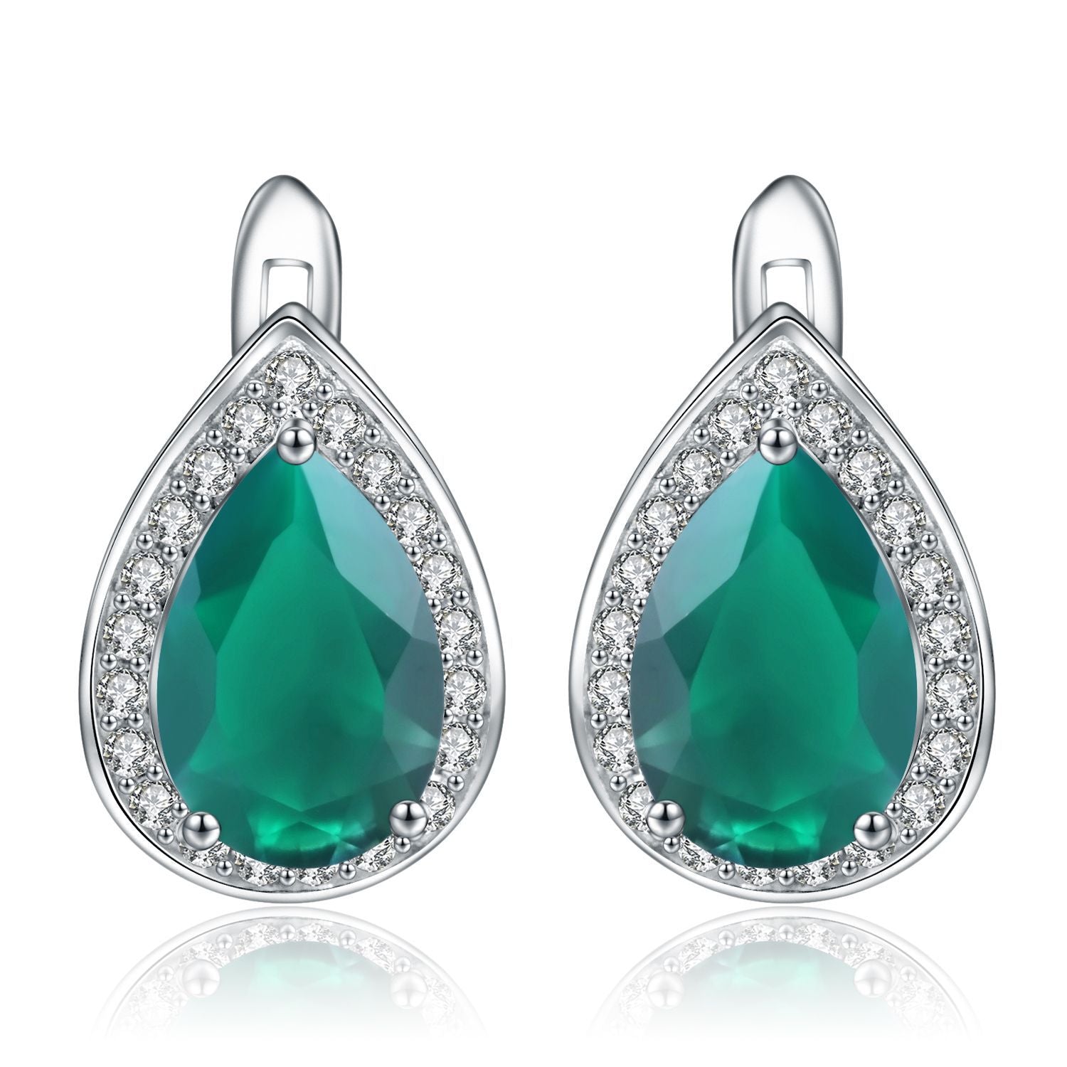 Natural Green Agate Soleste Halo Pear Drop Silver Studs Earrings for Women