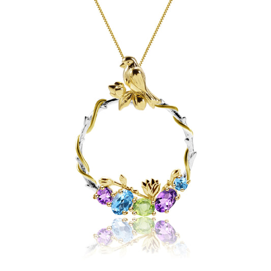 Secret Garden Premium Design with Natural Colourful Gemstones Bird's Garden Pendant Silver Necklace for Women